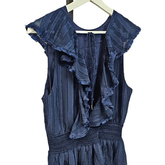 Revolve Finders Keepers Soraya Ruffle  Fringe Trim Romper Blue Tie Back Size 8 - Picture 6 of 11